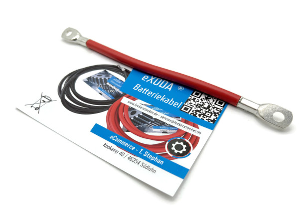 eXODA Batteriekabel 25 mm² 20cm mit Kabelschuhen M8 Rot für Fahrzeuge geeignet wie Auto Boot Motorrad 840A bei 12V flexibles Kabel mit hohem Kupferanteil und PVC H07VK Mantel