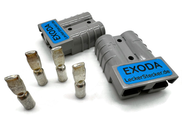 eXODA 50A Batterie Stecker 4-6 mm2 grau Set Steckverbinder für Gabelstapler Kabel mit versilberten Kupferkontakten schlagfestem Kunststoffgehäuse langlebige Verbindungen